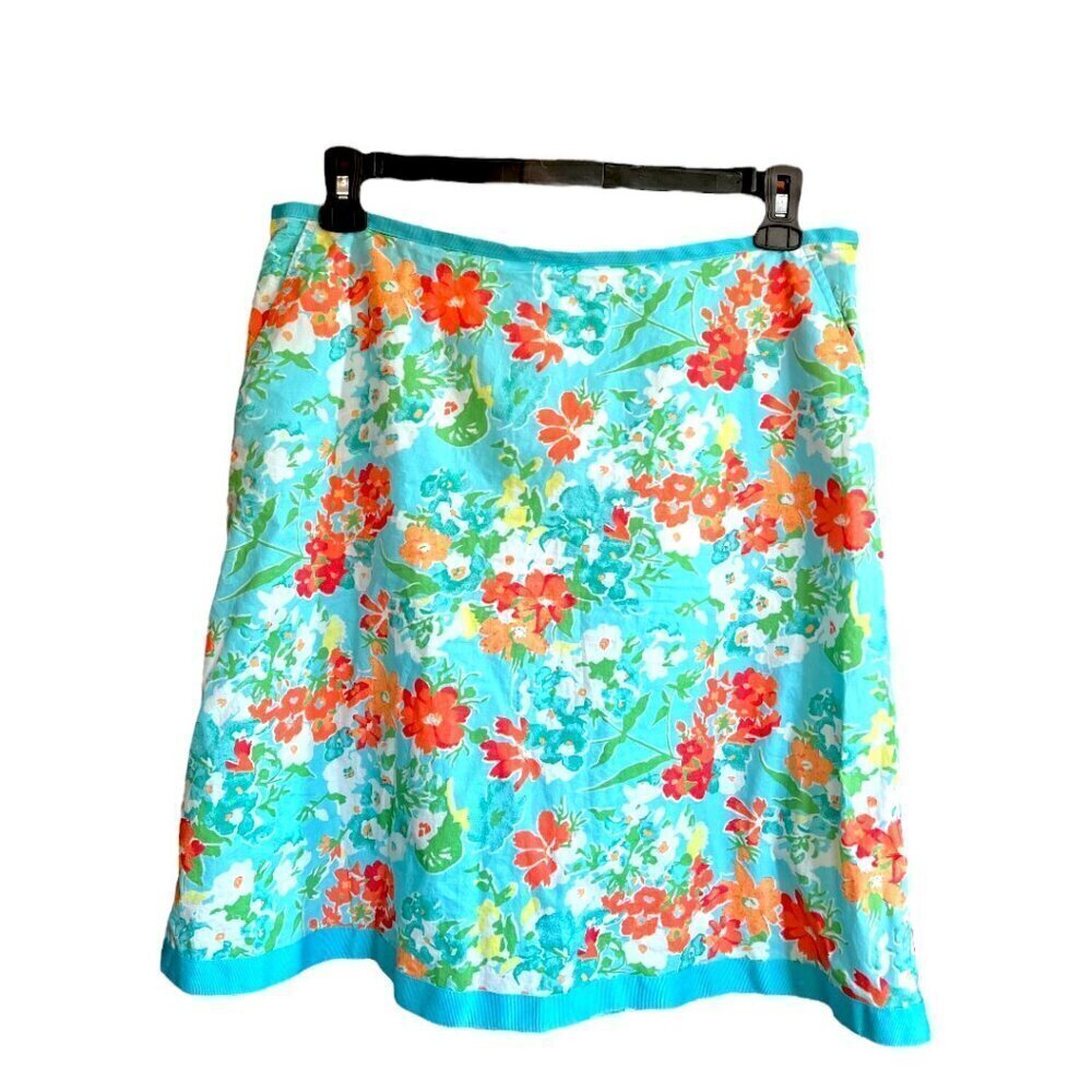 L.L. Bean Favorite Fit Straight Skirt Bright Aqua Floral Summery Size 12